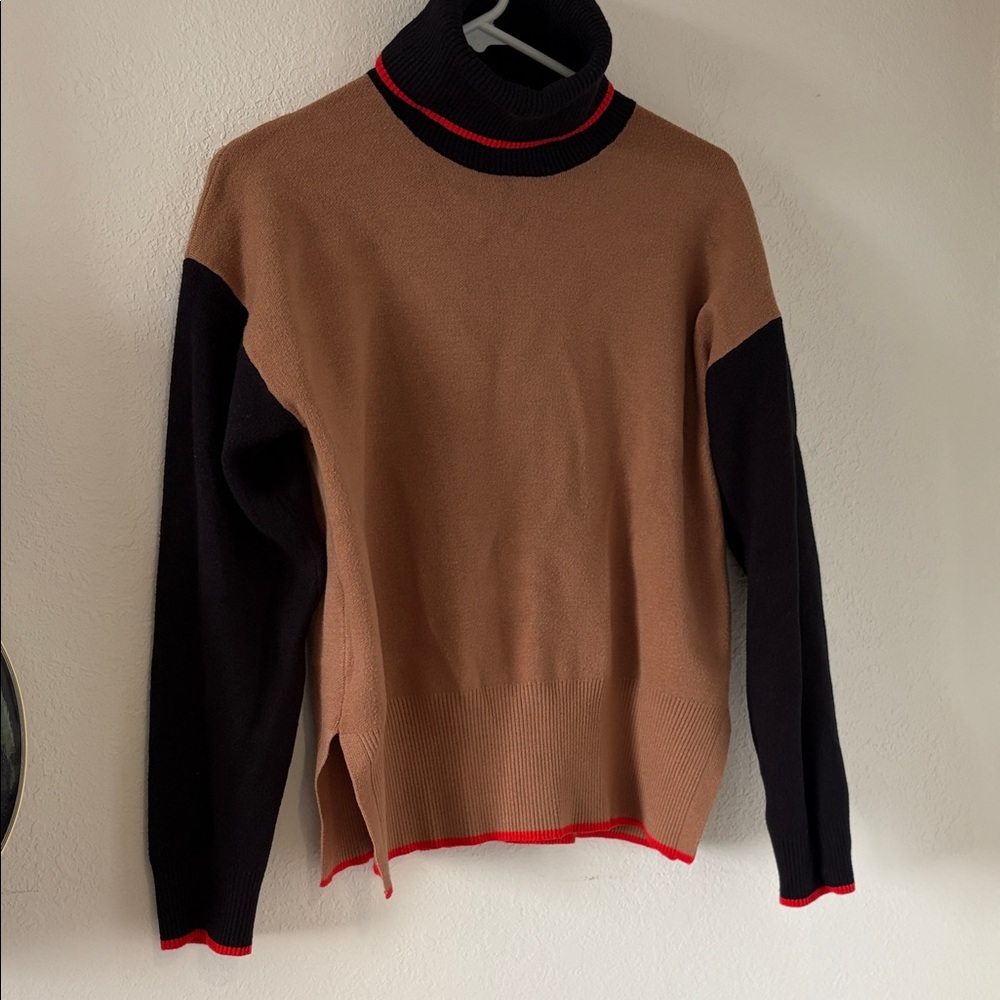 Tahari Women's Colorblock Turtleneck Sweater in Brown, Black and Red